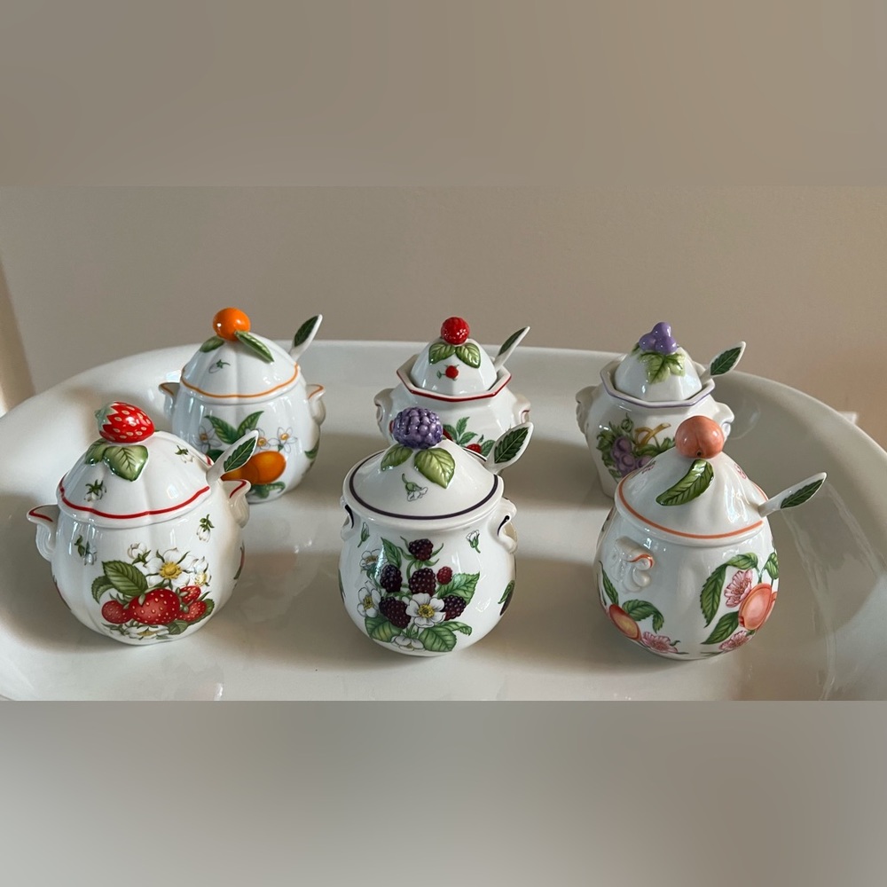 6 Lenox Jam Jars w/spoons in beautiful condition. Signed Lenox 1991